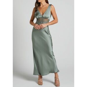Morrisday The Label Dusty Green Satin Lace V-Neck  Midi Dress Size NEW